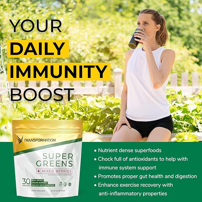 Transformation Chocolate Premium Protein Powder + Super Greens Immune Boosting Combo Pack- Energy Gut Health Detox &amp Diet Support- 30g Multi-Protein Superblend &amp 1 Full Serving Vitamins &amp