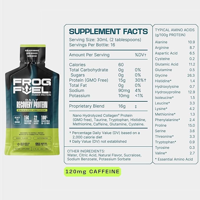 Frog Fuel Power Regular &amp Power Energized Complete Protein Shot Bundle 15g Protein Nano-Hydrolyzed Grass Fed Collagen Post Workout Fat &amp Sugar Free 22 Amino Acids Berry 1 oz Packets 48