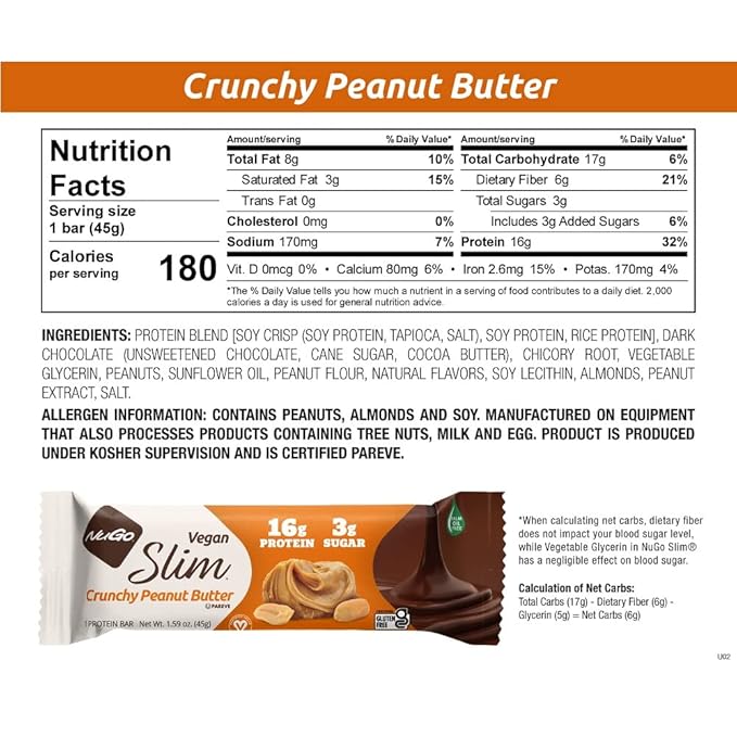 NuGo Slim 24ct Vegan Variety - Crunchy Peanut Butter 12 bars &amp Toasted Coconut 12 bars Low Net Carb Keto Friendly 16-17g Plant Based Protein Keto Friendly Gluten Free 24 count