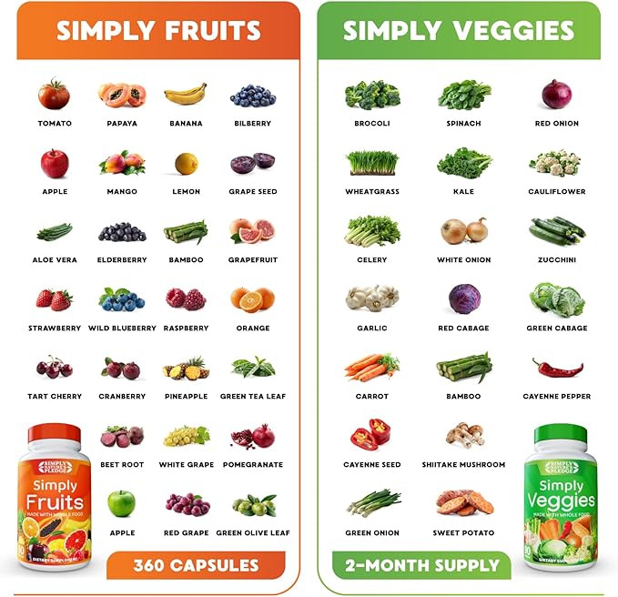 Simply Nature's Pledge - Packed with 42 Different Fruits &amp Vegetables - 2-Month Supply - Made with Real Non-GMO Whole Foods - Supports Energy &amp Overall Wellness - Soy-Free - 360 Capsules