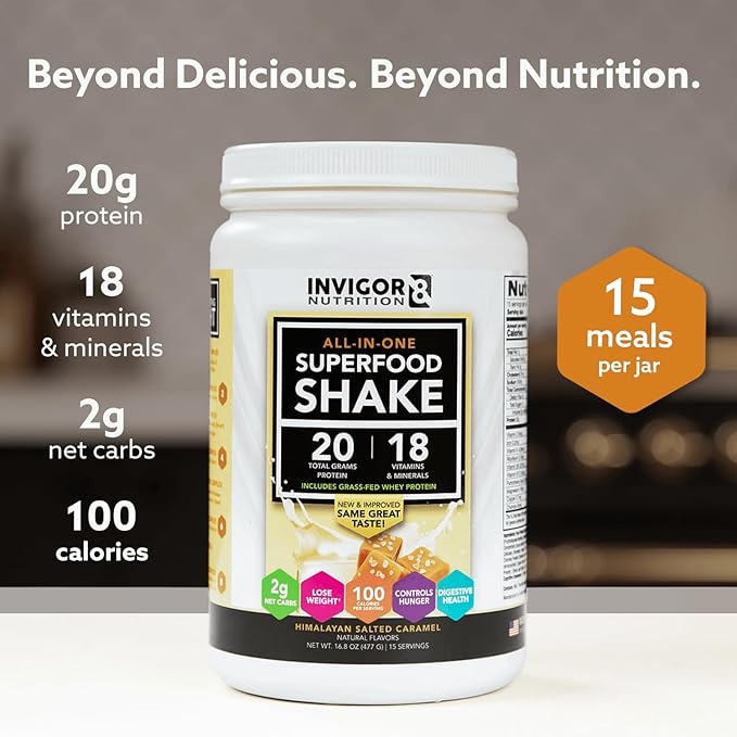 INVIGOR8 Superfood Grass Fed Whey Protein Isolate Shake Himalayan Salted Caramel Gluten-Free and Non GMO Meal Replacement with Probiotics and Omega 3 (645g)