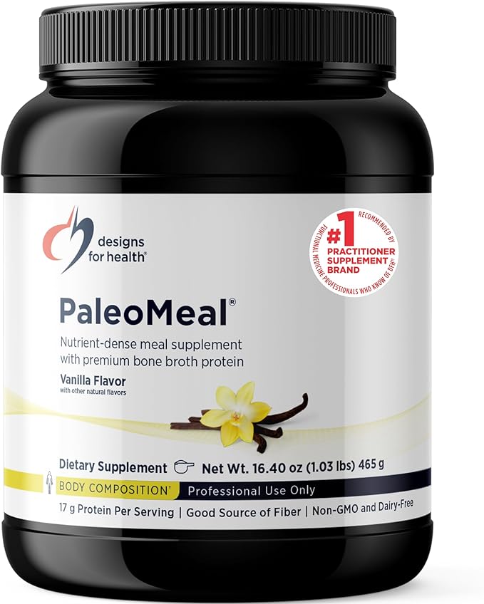 Designs for Health PaleoMeal - Bone Broth Protein Powder with 17g Protein Meal Replacement Shake Dietary Supplement with Active Folate + Chelated Minerals Vanilla (15 Servings / 480g)