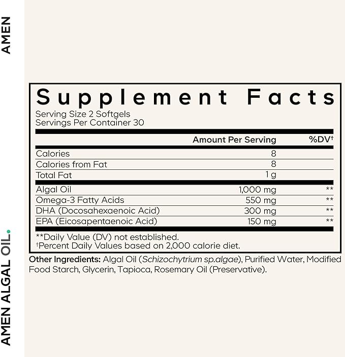 Amen Algal Oil Vegan Omega-3 Supplement – 1000mg DHA &amp EPA Plant-Based Microalgae Oil Non-GMO 60 Softgels