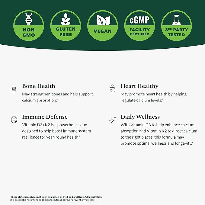 Greens First Vitamins D3+K2 - Support for Heart Bone Vascular and Immune Health - Made with Vitamin D3 &amp Vitamin K2-60 Vegetable Capsules