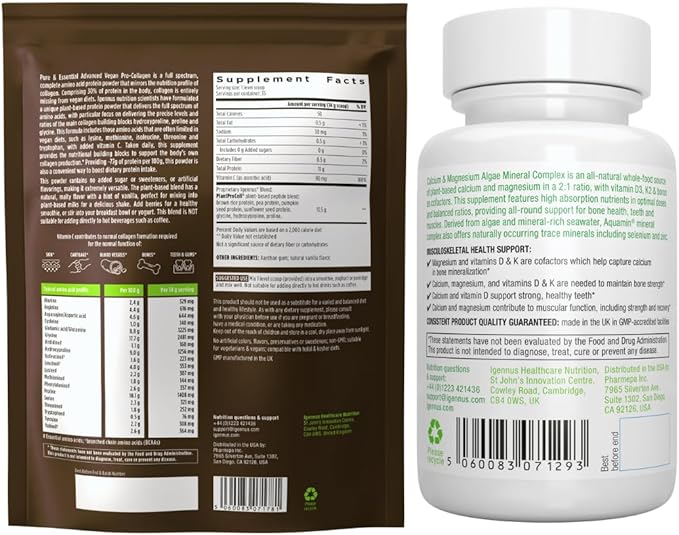 Vegan Vanilla Collagen Protein Powder + Calcium &amp Magnesium Complex Bundle Comprehensive Bone Support by Igennus