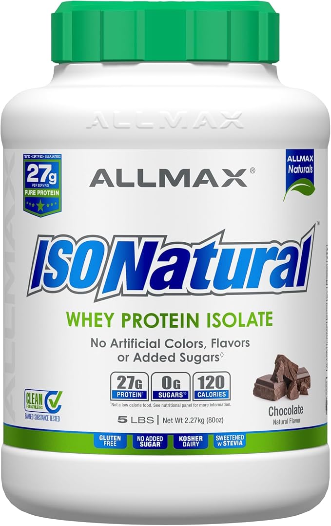 ALLMAX ISONATURAL Whey Protein Isolate Chocolate - 5 lb - 27 Grams of Protein Per Scoop - Zero Fat &amp Sugar - 99% Lactose Free - with Prebiotics - No Artificial Flavors - Approx. 73 Servings