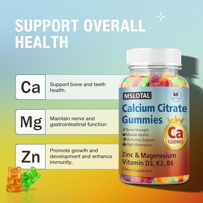 Calcium Citrate Gummies Calcium 1200mg with Vitamin D3 B6 B12 Magnesium Zinc Calcium Supplements for Women and Men Support Bone &amp Muscle Health 120 Chews