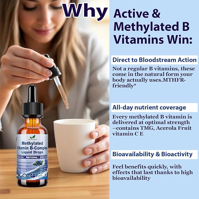 2 Pack Methylated B Complex Liquid Drops Complete 9-in-1 Methyl B Vitamins w. B12 Methylfolate Inositol Choline TMG Vitamin C E Super B-Complex Methylated for MTHFR Support Energy Mood Nerve Health1