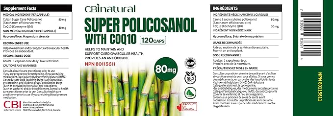 Super Sugarcane Policosanol 80 mg with CoQ10 30 mg 120 Vegetable Capsules Heart &amp Cholesterol Support 4-Month Supply Non-GMO Gluten Free