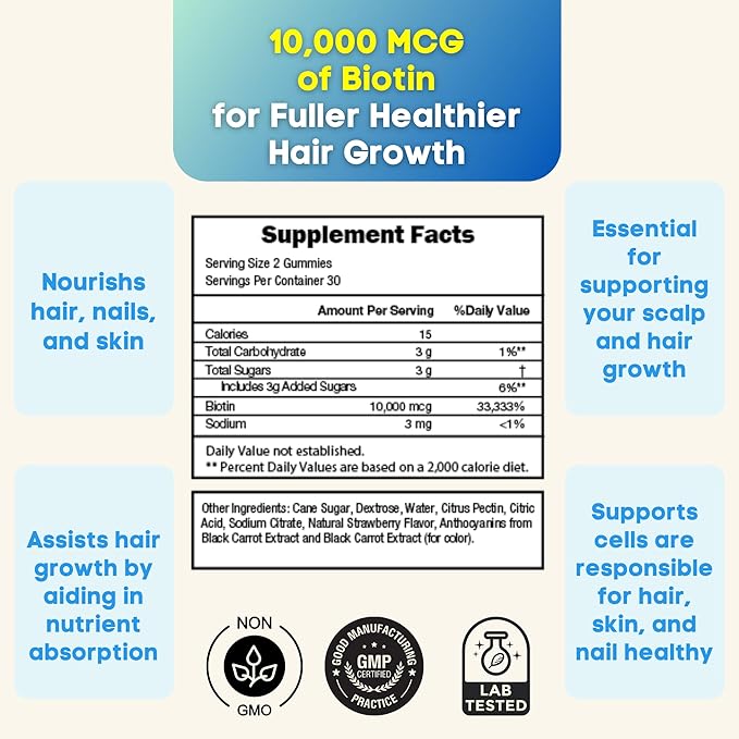 Fortero Biotin Vegan Gummies 10000mcg for Thicker Fuller Hair – Biotin Vitamin A &amp D Folic Acid – Support Healthy Hair Skin and Nail - Non-GMO – Gluten-Free – Gelatin Free (1 Pack)　 (1 Pack)