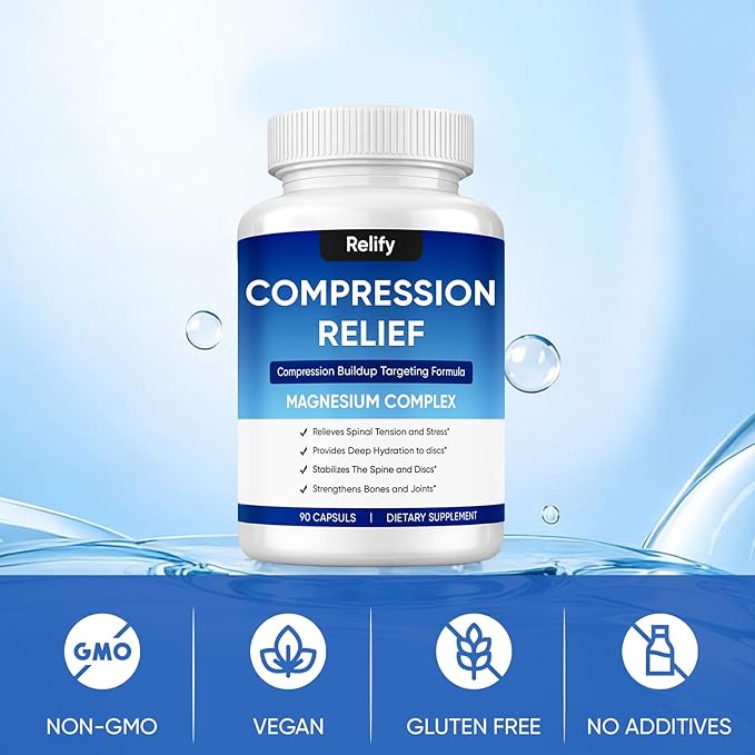 Relify Compression Relief Capsules 1000mg Magnesium Complex Supplement Support Back Spine &amp Discs Reduces Pressure Deeply Hydrating Non-GMO 90 Capsules (1)