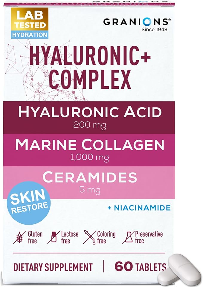 Hyaluronic Acid Supplements 200mg - Marine Collagen Peptides Vitamin B3 Niacinamide Ceramides Supplement - Deep Hydration &amp Anti-Aging Skin Care Complex for Women and Men - 60 Foil Sealed Tablet