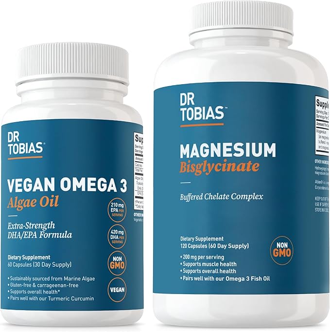 Dr. Tobias Vegan Omega 3 Algae Oil and Magnesium Bisglycinate Essential Wellness Support for Heart Brain Muscle and Bone Health Non-GMO Vegan