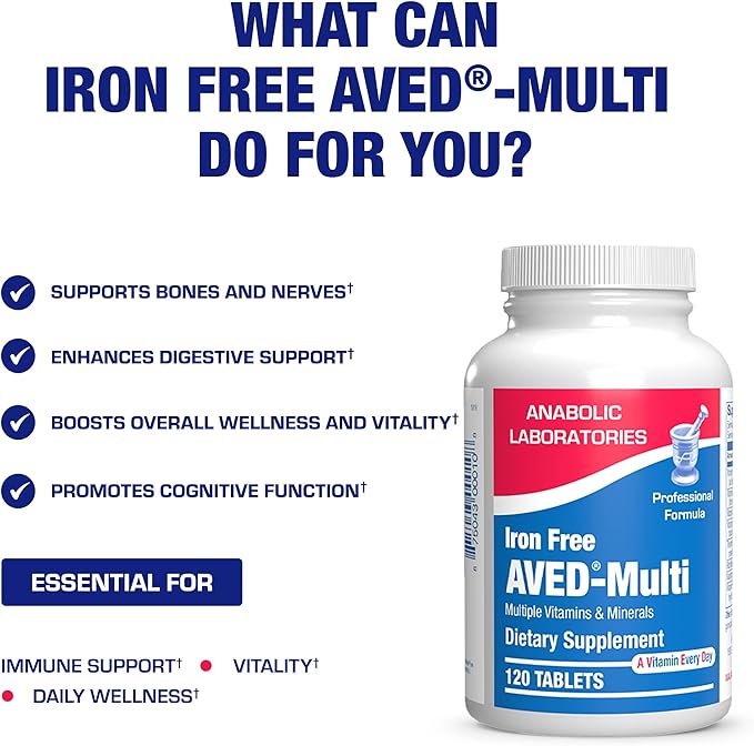 Iron Free Daily Multivitamin for Men and Women 120 Tablets - AVED Daily Multi Vitamin and Minerals Health Supplement - Vitamins A C D E Vitamin B Complex Zinc Calcium Magnesium More