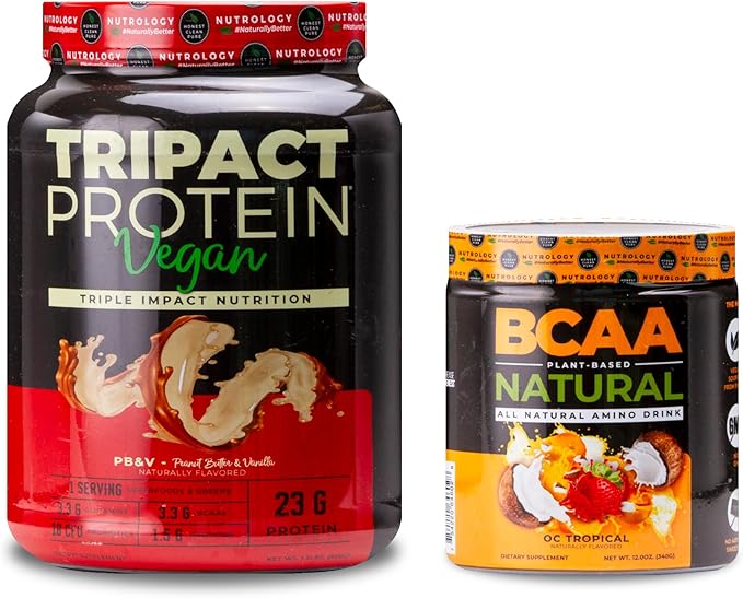 Nutrology TRIPACT Vegan Protein Powder for Vegan Protein Shakes Peanut Butter Vanilla (20 Servings) BCAA Natural Plant Based BCAA Powder Orange Coconut Flavor (30 Servings)