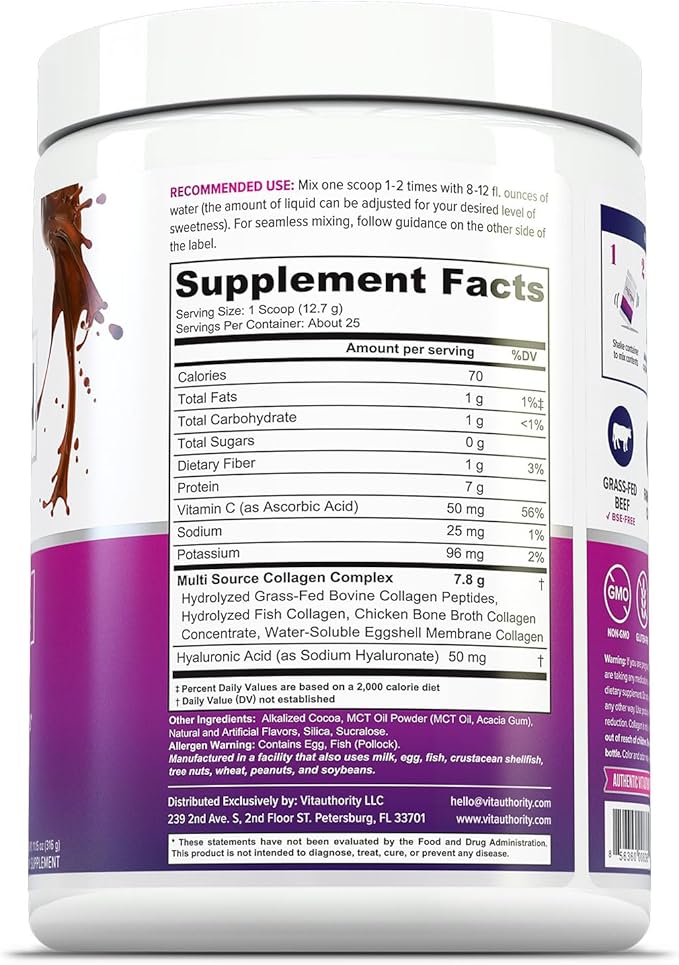 Multi Collagen Peptides Powder for Women - Hydrolyzed Chocolate Collagen Powder for Women with Types I II III V &amp X Vitamin C &amp Hyaluronic Acid for Hair Skin and Nails (Chocolate) - 25 Serving