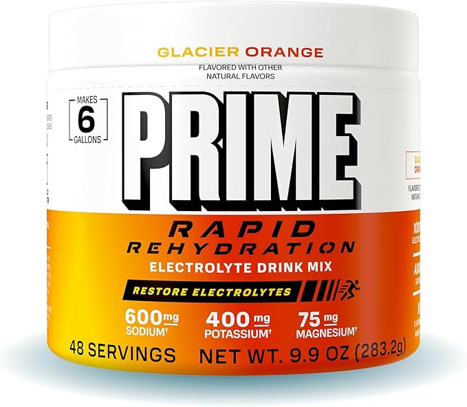 Prime Rapid Rehydration Electrolyte Powder Glacier Orange Sugar Free Hydration Drink Mix with Sodium Potassium Magnesium &amp B Vitamins to Replenish Fluids Caffeine Free 6 Gallon Tub 48 SRV