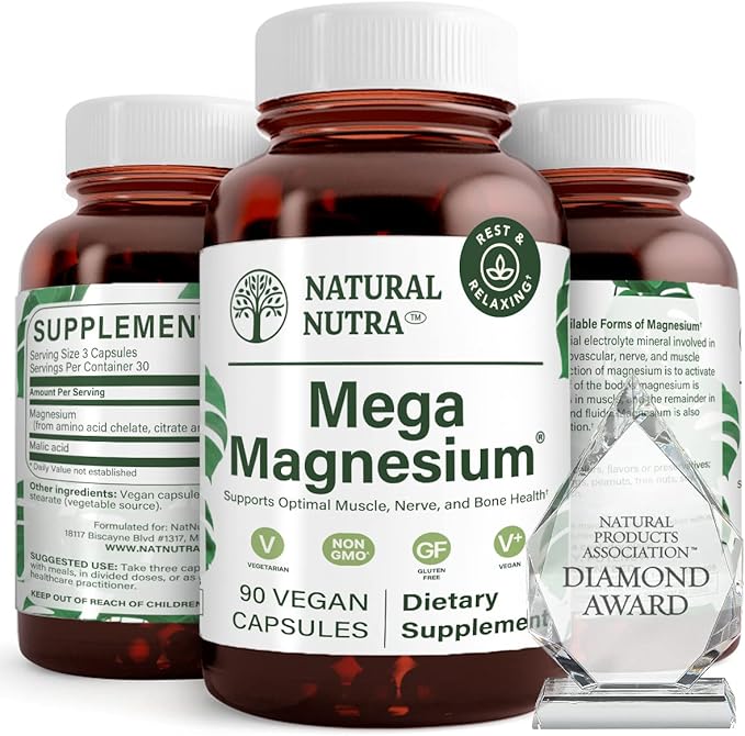 Natural Nutra Mega Magnesium 400mg Supplement - High Absorption Amino Acid Chelate Better Vibes Citrate Malate Blend for Muscle Growth Bone Strength Heart Health Nerve Support - 90 Capsules