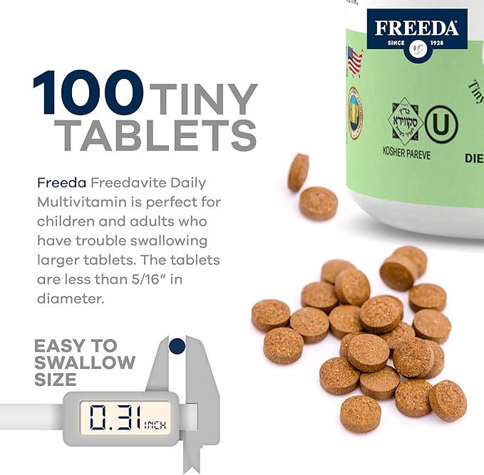 Freedavite Tiny Tablet - Moderate Multivitamin for Men and Women - Vitamin A C D E B1 B2 B6 B12 Biotin Calcium Zinc Iron Magnesium Manganese Copper Selenium Iodine - 100 Count