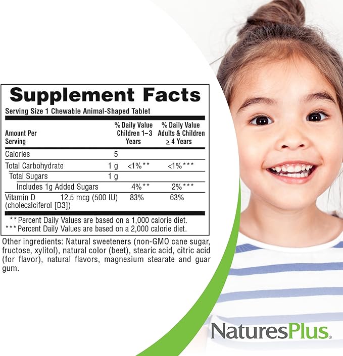 NaturesPlus Animal Parade Vitamin D3 Children’s Chewables - Black Cherry Flavor - 90 Animal-Shaped Tablets Pack of 2 - Gluten Free Vegetarian Hypoallergenic - 180 Total Servings