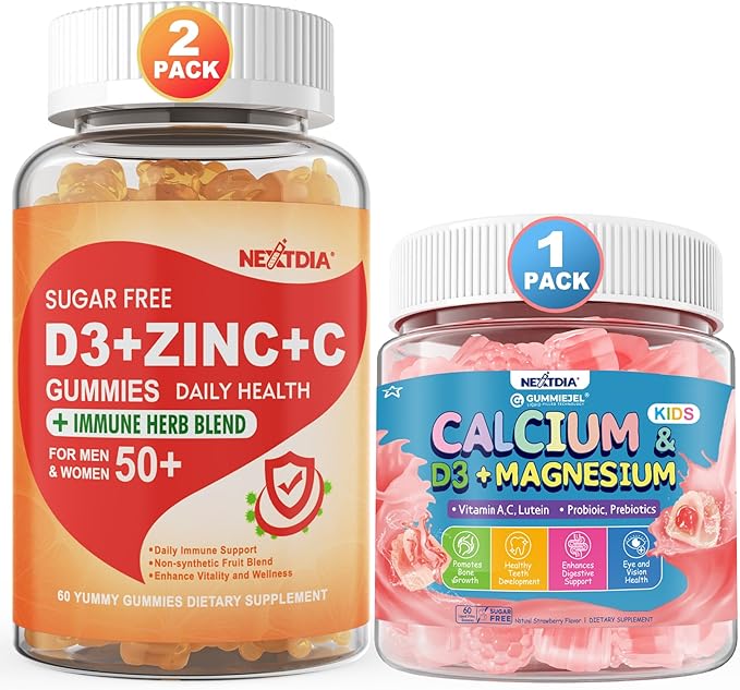 Sugar Free Vitamin C + D3 + Zinc Gummies for Adults 50+ &amp Calcium + D3 &amp Magnesium Filled Gummies for Kids 4+