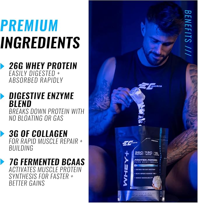 EC Sports Whey+ Protein Powder Cookies n Cream Drink Mix w/Digestive Enzymes - Isolate Supplement Collagen Peptides w/Faster Reform - 30 Servings