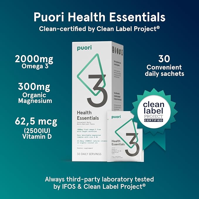 Puori P3 Health Essentials with Magnesium Zinc Complex Omega 3 Fish Oil &amp Vitamin D3 Supplements - Men &amp Womens Daily Multi-Vitamins for Immune System Support &amp Overall Health - 30 Servin