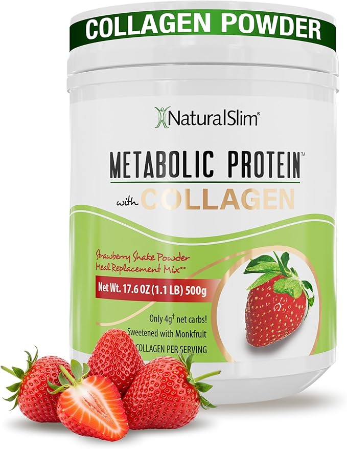 NaturalSlim Metabolic Protein Powder with Collagen whey protein powder shake Hydrolyzed Collagen with L-Glutamine for Metabolic Support Digestion Skin Joints &amp Muscle Low Carb 17.06oz Strawb