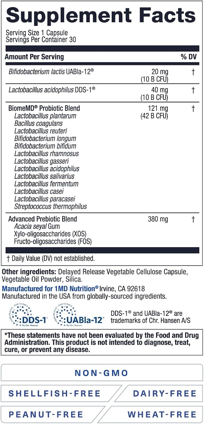 1MD Nutrition BiomeMD Probiotics | 62 Billion CFUs 15 Comprehensive Strains - Pro &amp Prebiotics | Doctor-Formulated for Digestive Health &amp Immune Support | 30 Capsules