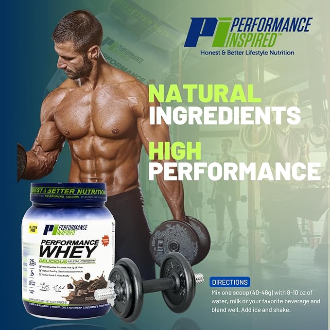 Performance Inspired Nutrition WHEY Protein Powder - All Natural - 25G - Contains BCAAs - Digestive Enzymes - Fiber Packed - Decadent Natural Chocolate – 2 Pounds