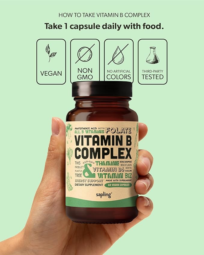 sapling Vegan Vitamin B Complex - Whole Food Blend with Essential B Vitamins B1 B2 B3 B5 B6 B7 Folate B12-60 Caps