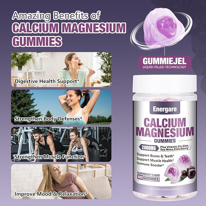 2 Packs Calcium Magnesium Zinc Filled Gummies with Vitamin D3 Sea Moss Calcium Gummies for Bone Muscles Calm Mood Support Supplements for Kids &amp Adults Elderberry Flavor 120cts