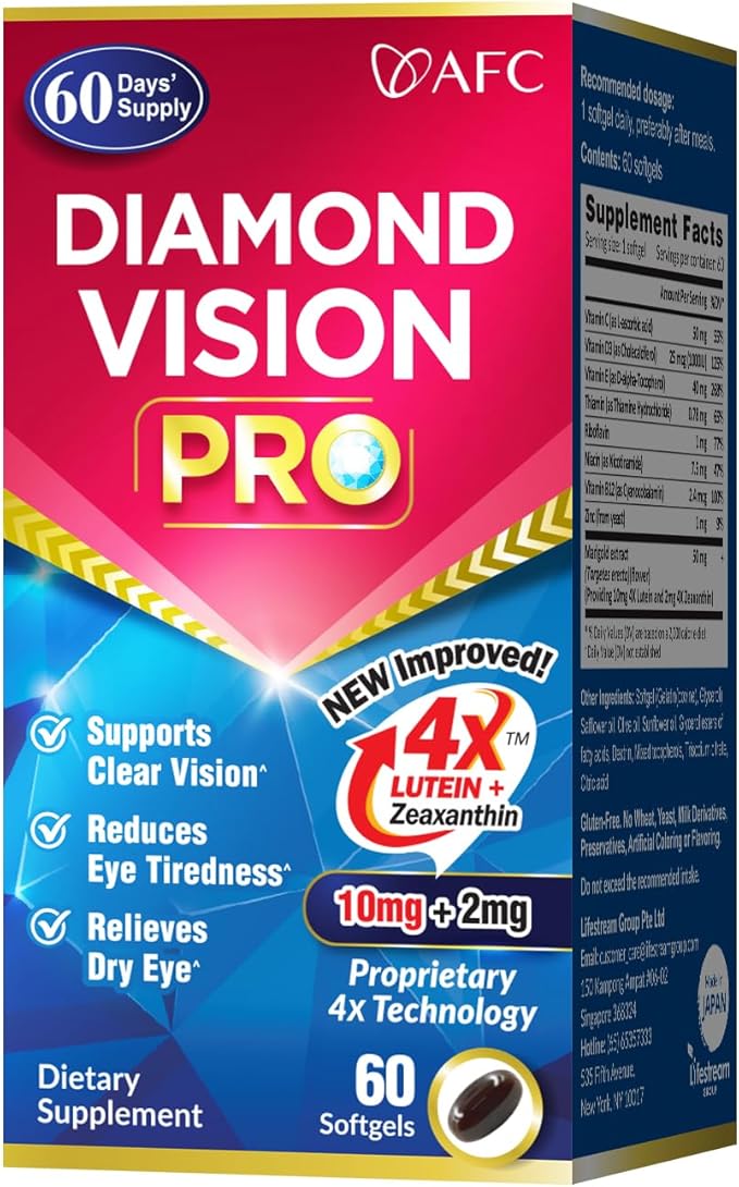 AFC Japan Diamond Vision PRO – Improved Up-Sized Formula - Lutein &amp Zeaxanthin 4X with Eye Vitamins – Visual Health Supplement for Adults Screen Exposure Night Use 60 Softgels