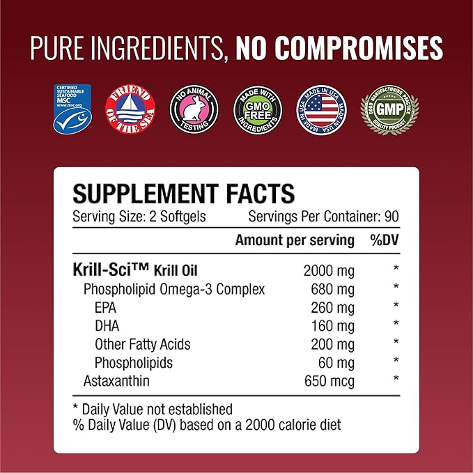 Approved Science Krill Oil - 2000mg Antarctic Krill Oil 650mcg Astaxanthin - 260mg EPA 160mg DHA - 180 Softgels