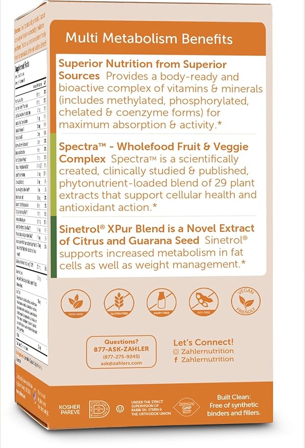 Zahler Multivitamin Metabolism + Weight Management Support for Women and Men with Iron Certified Kosher 60 Capsules