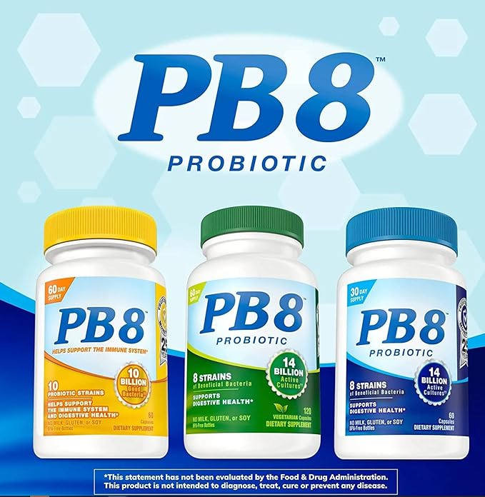 PB8 Probiotic - 3 Pack - 120 Capsules Per Bottle - Supports Digestive Health - 14 Billion CFU - 8 Beneficial Strains - No Milk Gluten or Soy