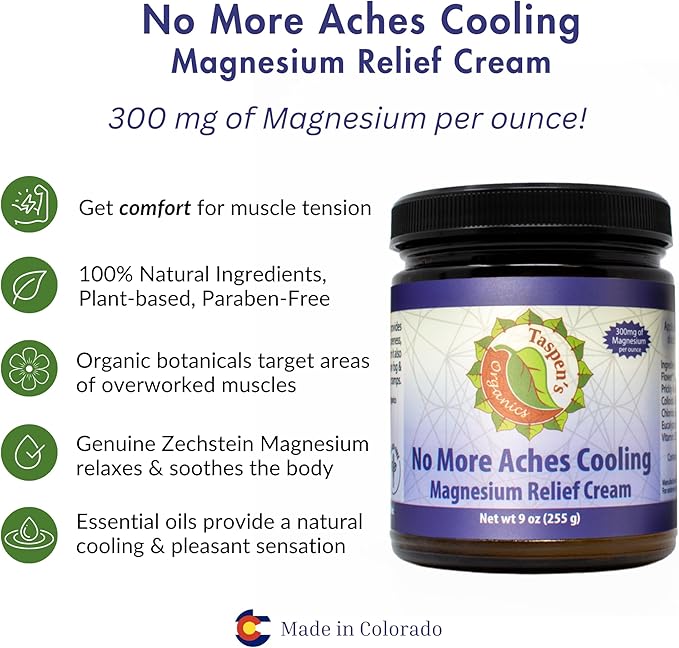 Taspen’s Organics Magnesium No More Aches Cooling Cream – Topical Magnesium Cream for Muscle Relief Sore Muscles &amp Post-Workout Recovery with Arnica Herbs &amp Essential Oils