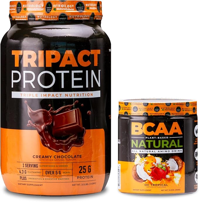 Nutrology TRIPACT Protein Powder 7-in-1 Meal Replacement Shake Creamy Chocolate (40 Servings) BCAA Natural Plant Based BCAA Powder Orange Coconut Flavor (30 Servings)
