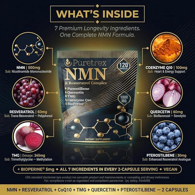 NMN &amp Resveratrol Complex 1000mg 120 Capsules Dietary Supplement with Pterostilbene Quercetin TMG Coenzyme Q10 BioPerine