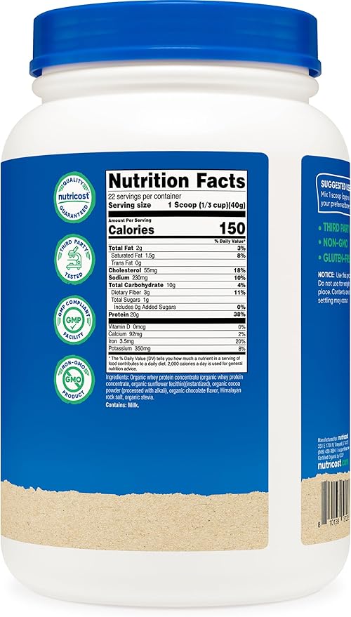 Nutricost Organic Whey Protein Concentrate Double Chocolate Flavored (2LBS) - Gluten-Free Non-GMO