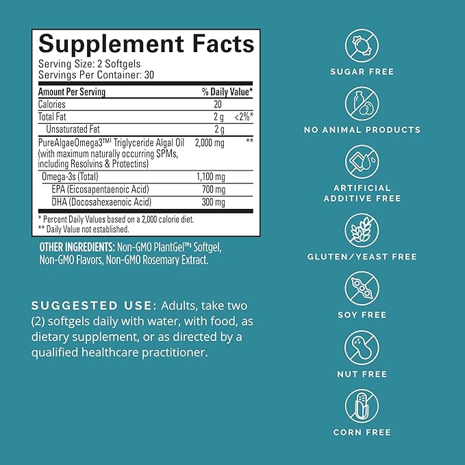 BRAINMD Dr Amen Vegan Omega-3 Power - 60 Plant-Based Softgels - 1100 mg of EPA &amp DHA - Supports Focus Memory &amp Heart Health - Vegan Gluten Free &amp Non-GMO - 30 Servings