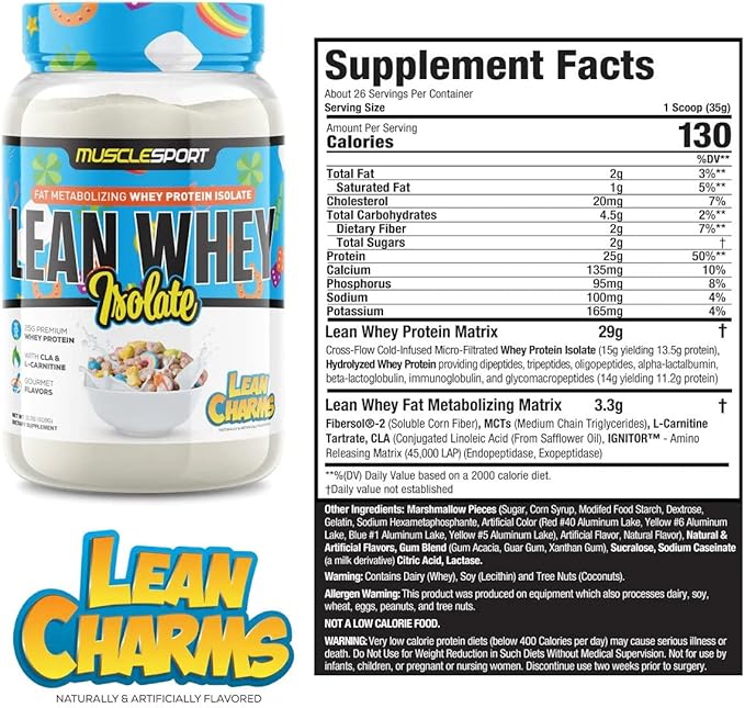 MuscleSport Lean Whey Revolution™ Protein Powder - Whey Protein Isolate - Low Calorie Low Carb Low Fat Incredible Flavors - 25g protein per scoop (2lb Lean Charms)