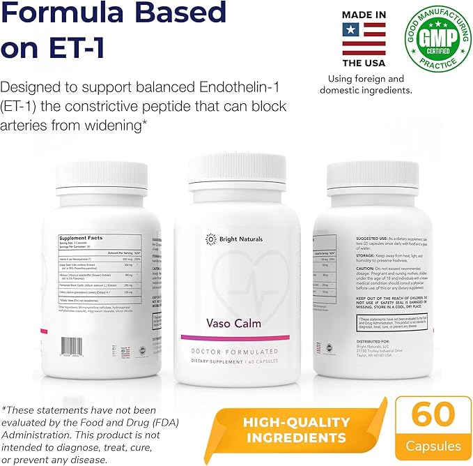 Vaso Calm - Healthy Blood Balance Supplement - Features Fermented Garlic Celery and Grape Seed Extract Hibiscus and Vitamin K2 - Made in The USA 180 Capsules