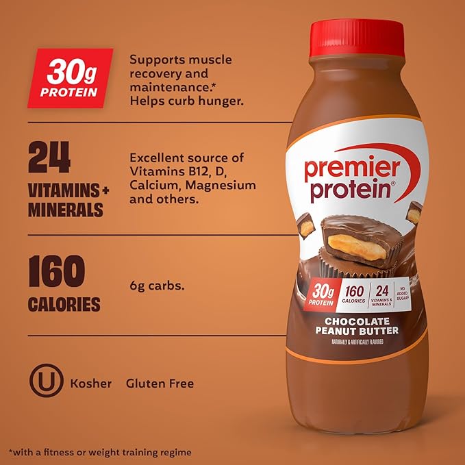 Premier Protein Shake Chocolate Peanut Butter 30g Protein No Added Sugar 24 Vitamins &amp Minerals to Support Immune Health 11.5 fl oz 12 Pack
