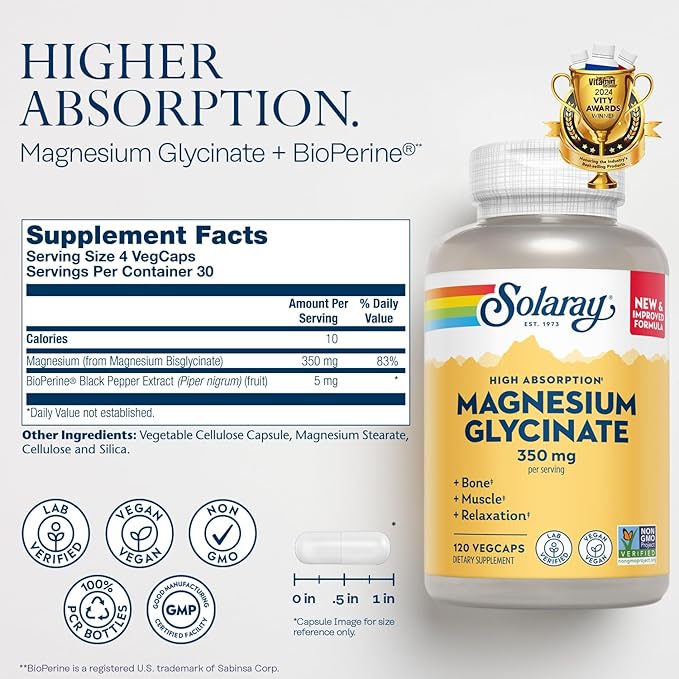 SOLARAY Magnesium Glycinate and Vitamin D3 K2 Bundle - High Absorption Chelated Magnesium Bisglycinate and 5000 IU Vitamin D - 120 VegCaps (30 Servings) of Magnesium 60 VegCaps (60 Servings) of D3 K2