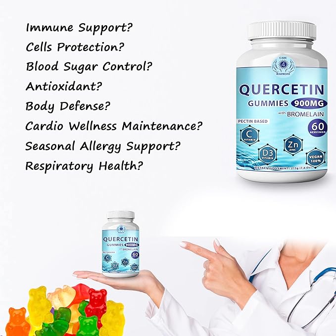 Quercetin Gummies - Quercetin with Bromelain Vitamin C + Zinc Vitamin D3 – Chewable Quercetin 900mg Supplements - Quercetin for Kids and Adults (5)