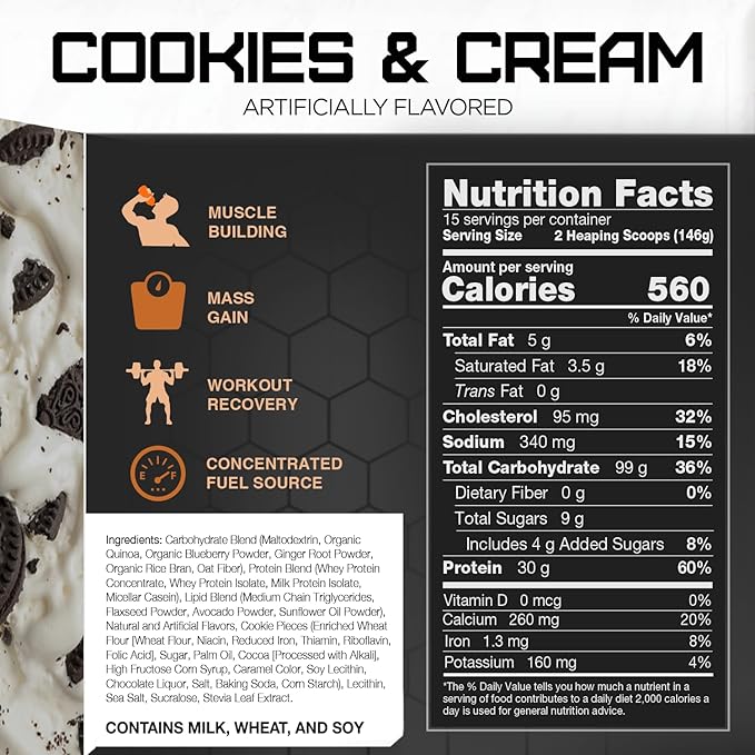 RIVAL NUTRITION Clean Gainer Protein Powder – 5LB Cookies &amp Cream – High Protein Lean Mass &amp Weight Gainer | 560 Calories 30g Protein 99g Multi-Source Carbs – 15 Servings
