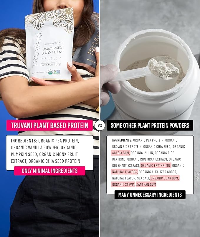 Truvani Organic Plant Based Protein Powder | Vanilla | 20g Pea Protein | 18 Servings | Vegan &amp Keto | Gluten &amp Dairy Free | Low Carb | No Added Sugar
