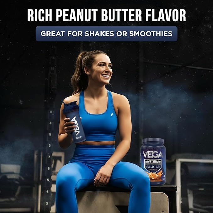 Vega Sport Vegan Protein Powder + Recovery - 30g Plant Based Protein per Serving Peanut Butter 19 Servings 5g BCAAs Probiotics NSF Certified for Shakes &amp Smoothies 1.8lbs (Packaging May Var