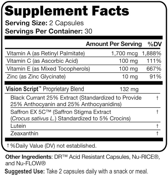 Vision Script with Saffron for Macular and Retinal Eye Health 60 Servings- Each Capsule Contains Saffron Black Currant Lutein Zeaxanthin Vitamin C and E and Zinc Glycinate.